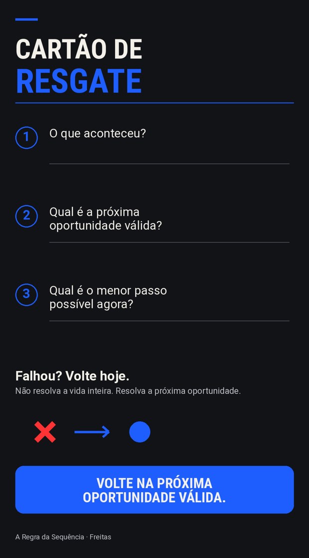 Cartão de Resgate completo, com as três perguntas e o botão volte na próxima oportunidade válida